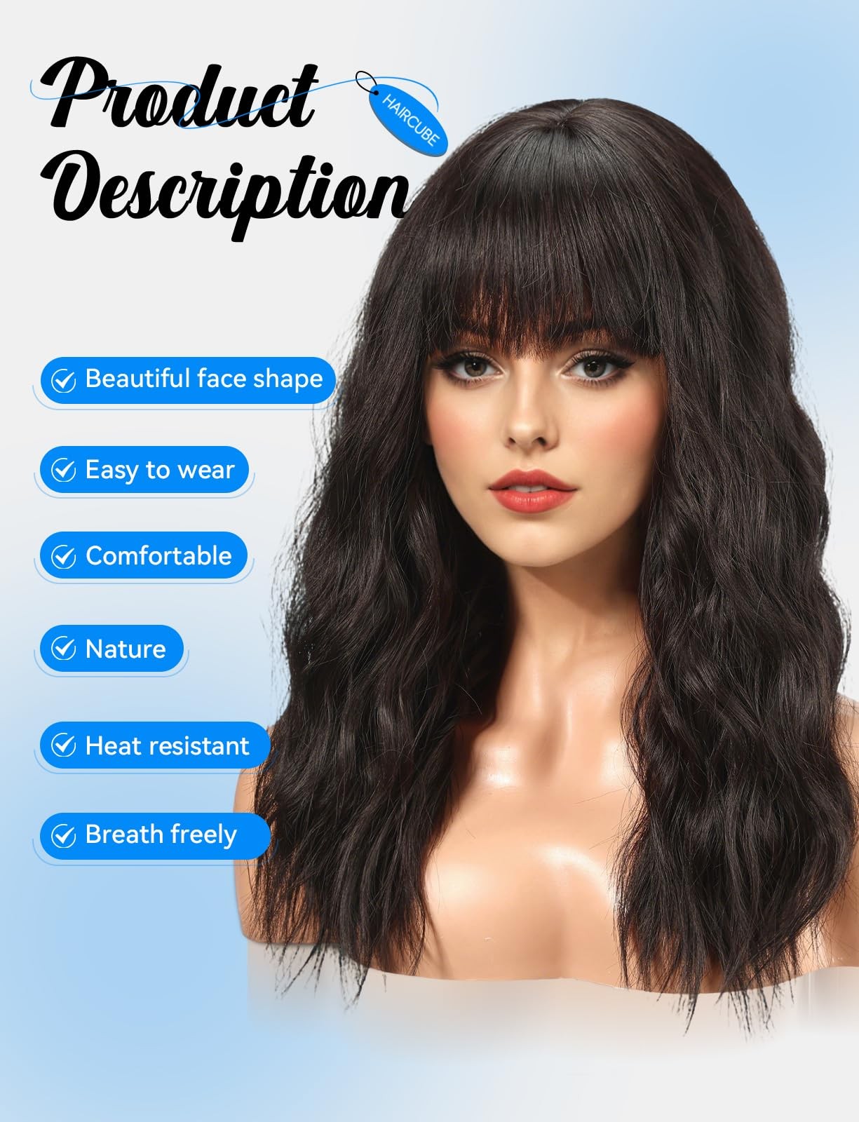Long Wig with Bangs Synthetic Wavy Wigs for Women Natural Black Color