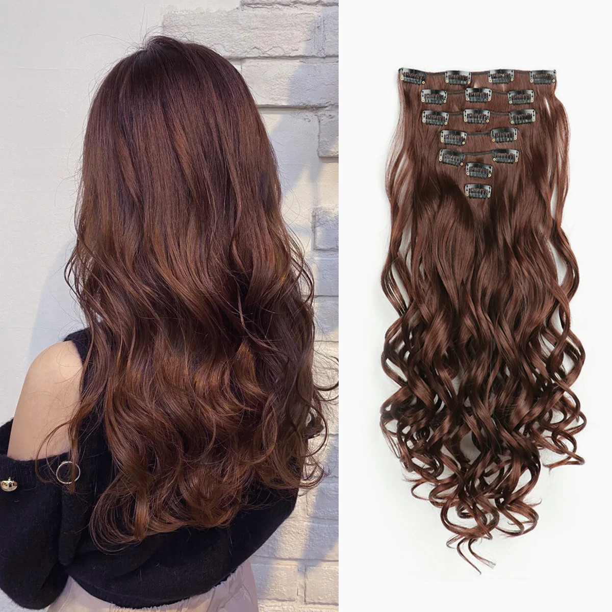 Curly Wavy Clip In Hair Extensions Full Head Synthetic Fake Hair Pieces For Girl