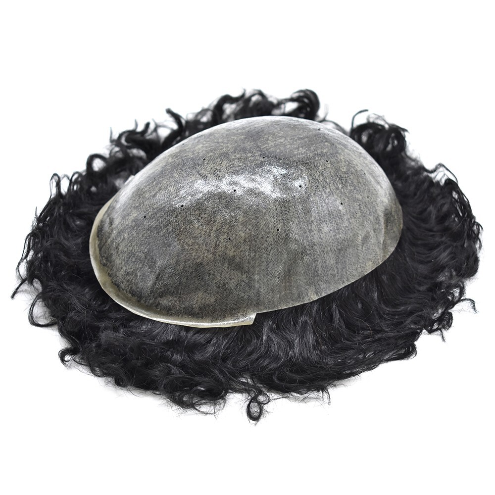20MM Curly Hair Mens Toupee Full Poly Skin Human Hair System Breathable Holes US