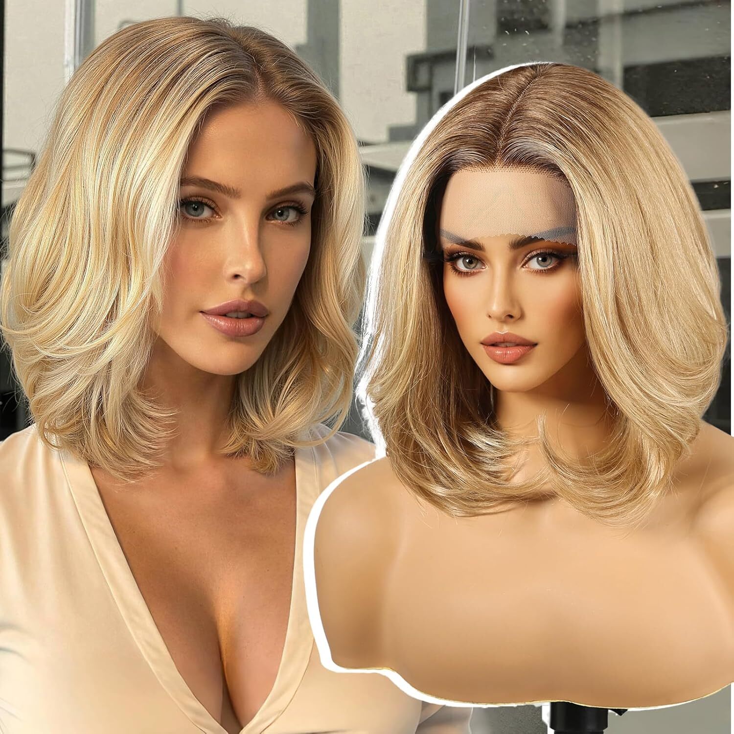 200% Density Human Hair Wigs Ombre Brown Blonde Bob Wigs Lace Front Wig 13×4