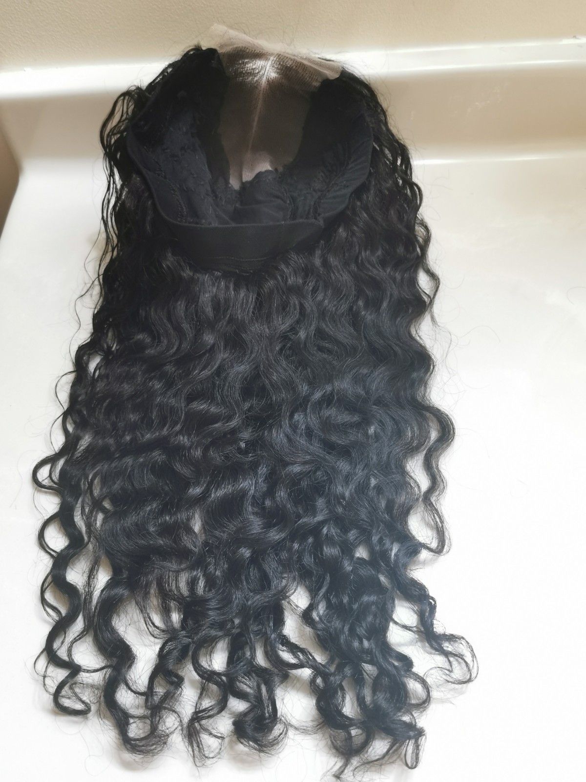 Quality Natural Black Wave Human Hair Glueless DeepPart Closure Wig 18″ Handmade