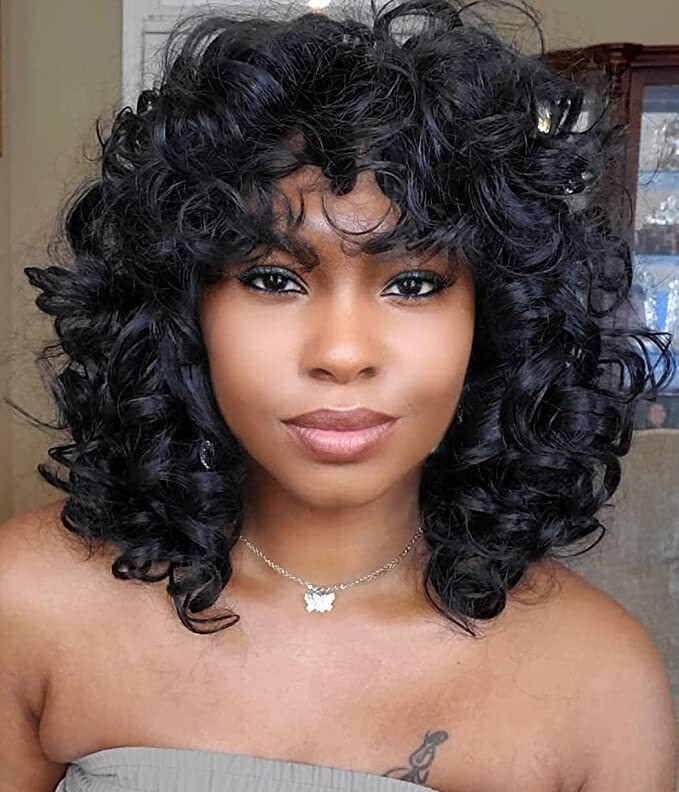 Black Curly Wigs for Black Women Short Afro Big Curly Wig with Bangs Loose Curly