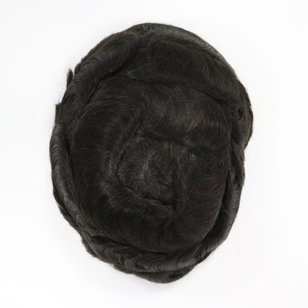 Natural Hair Replacement System 0.06mm Thin Skin V Toupee Gent Top Hair Piece#1B
