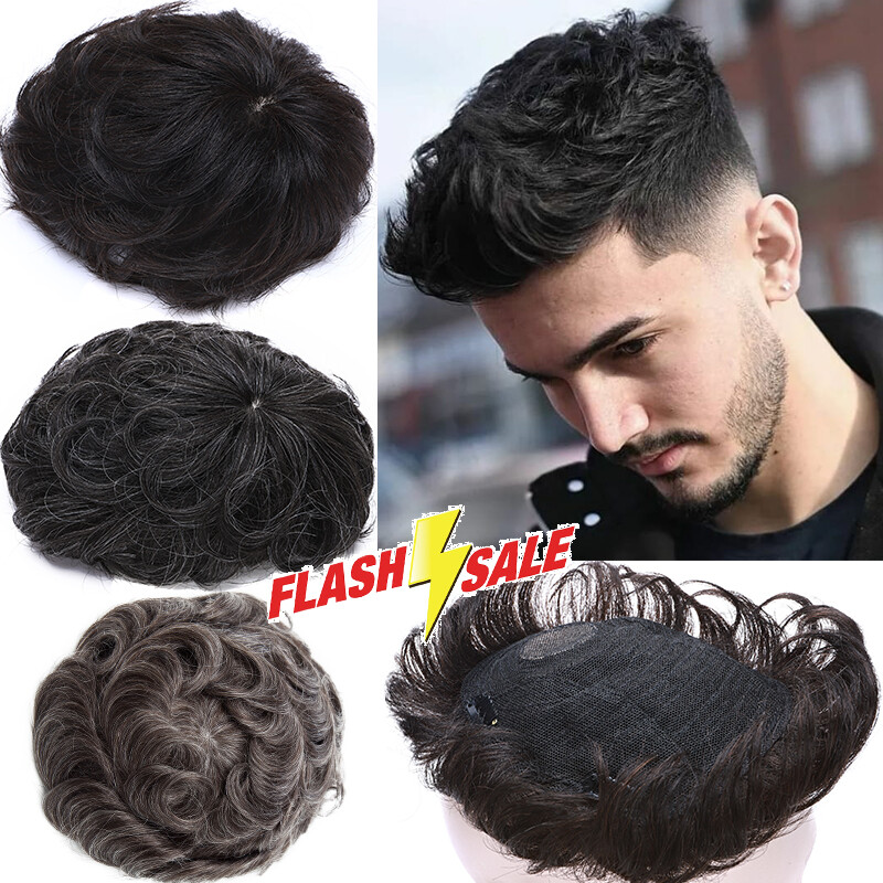 Mono PU Human Hair Extensions Mens Toupee Replacement System Top Piece Curly USA