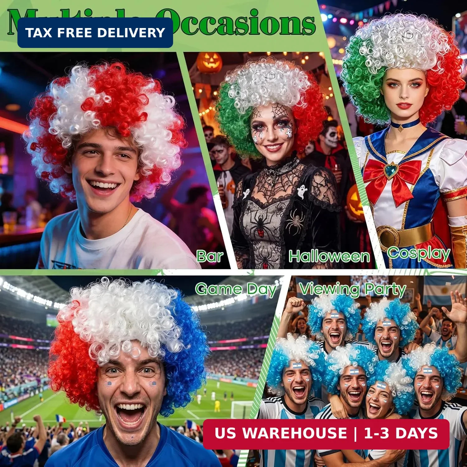 MEEZY American Flag Colored Afro Wig for Men Women 2026 World Soccer Championshi
