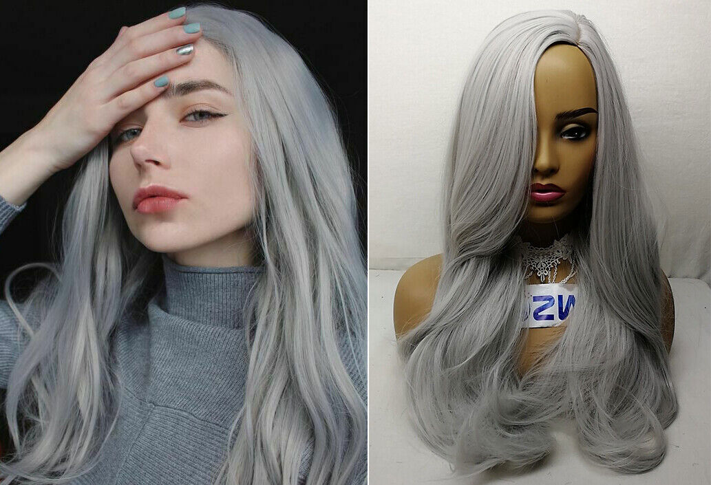 Silver Grey Wig Long Natural Wave Hair Anime Cosplay HalloweenFull Wigs New US