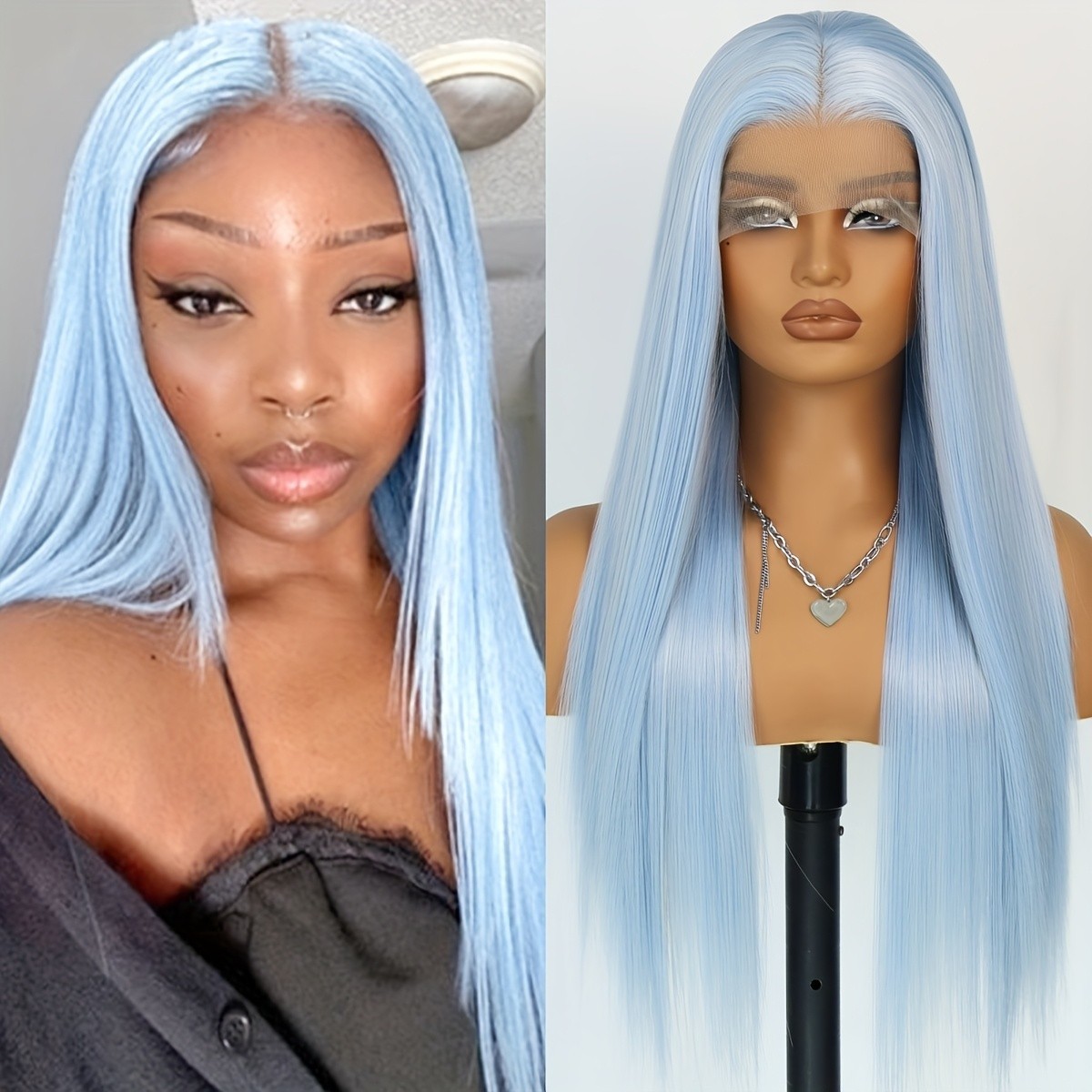 Light Blue Straight Synthetic Lace Front Wigs 26 Inch for Women Party Daily Use