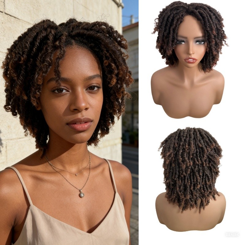 Short Dreadlock Wig 12 Inch Synthetic Fiber Curly Braided Wig Rose Net Cap 1B#