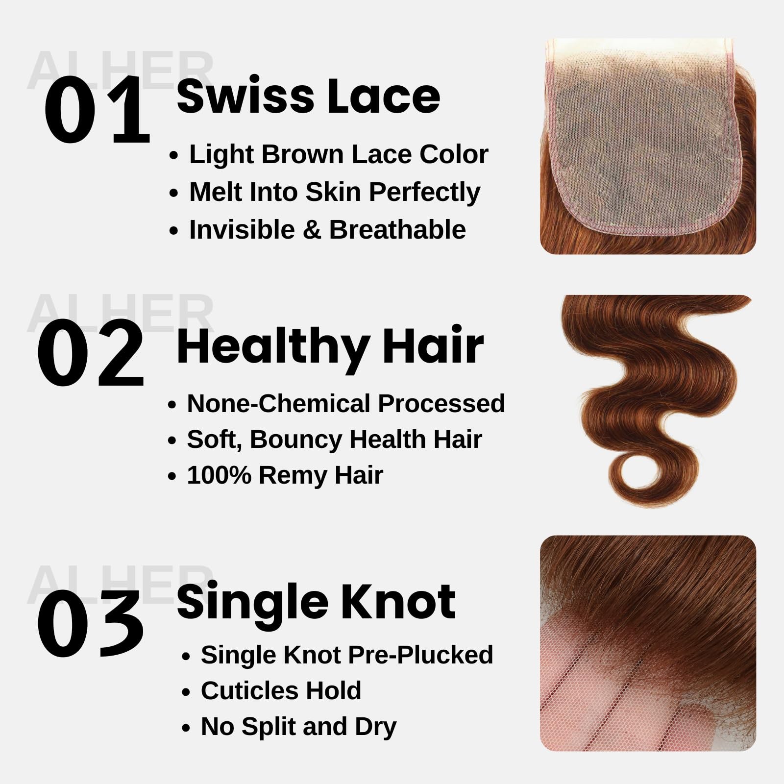 Alher 33 Reddish Brown Body Wave 4X4 Lace Closure 12A Copper Brown Colored 4X4