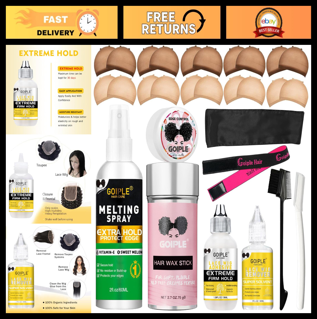 Wig Accessory Kit 29PCS – Lace Front Glue, Remover, Caps, Elastic Band, Edge Con