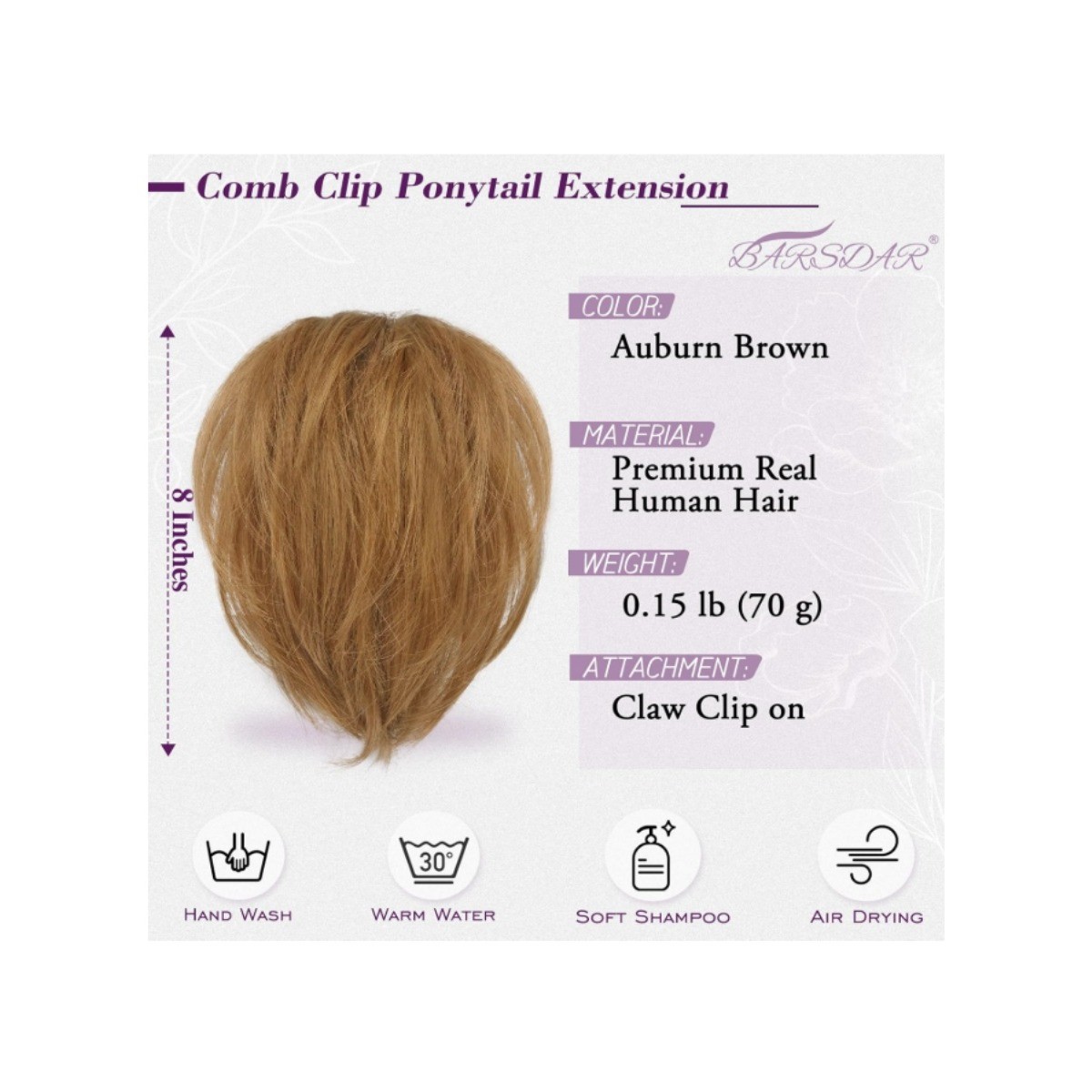 8in Auburn Brown Real Human Hair Ponytail Extension Claw Clip Messy Bun