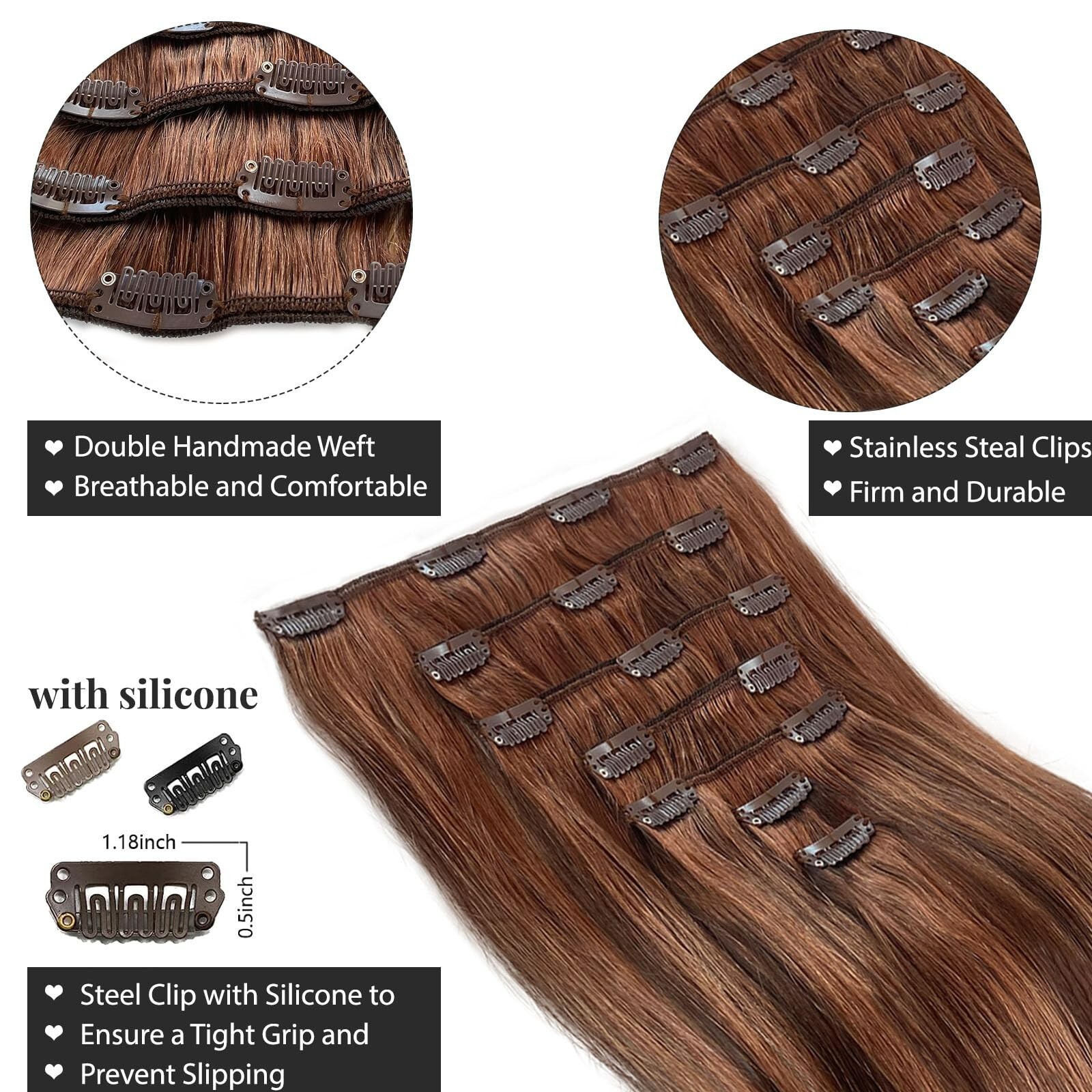 Clip in Hair Extensions 12 Inch 70g Dark Roasted Coffee&Caraamel Brown Hair Exte