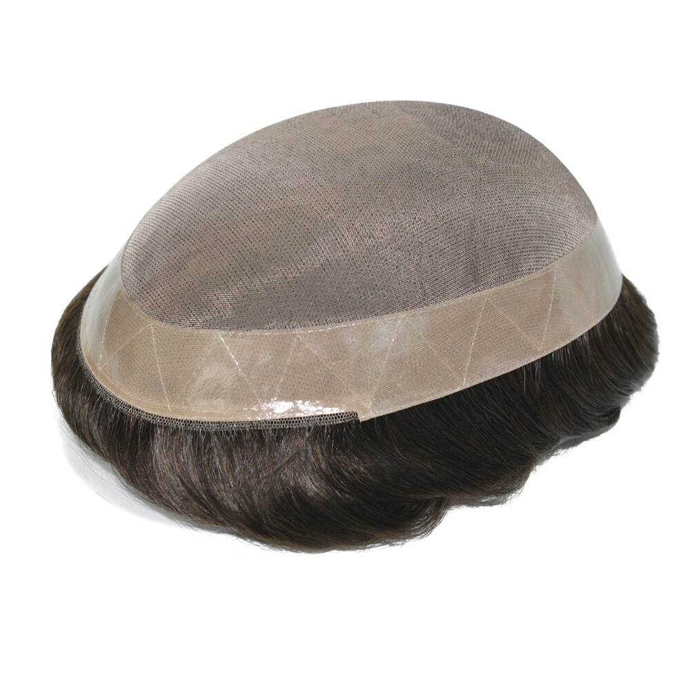 Mens Human Hair Replacement System Hairpiece Fine Mono Poly Skin Toupee BROWN