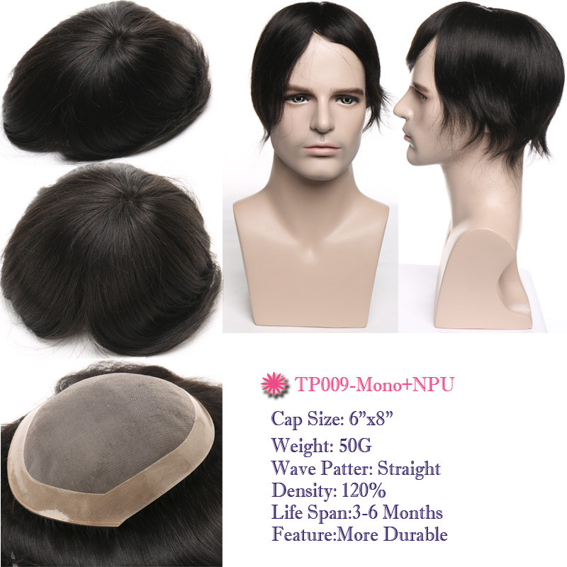MONO Mens Toupees Replacement System Wigs 100% Real Virgin Human Hair Straight F