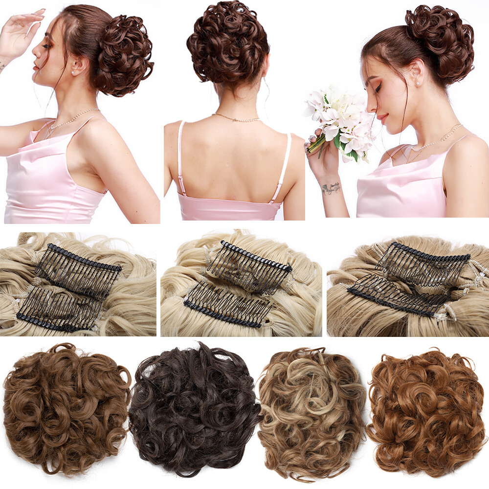Hair Bun Curly Wavy Scrunchie Updo Extensions Chignon Comb Clip in Hair Ponytail