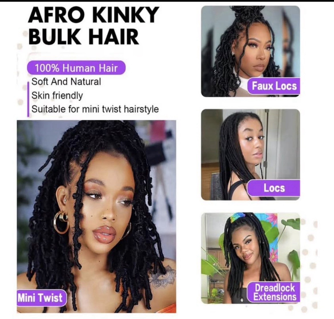 HUMAN HAIR for Dreadlocks Extensions Locs Afro Kinky Curly Twist Black 16” NEW