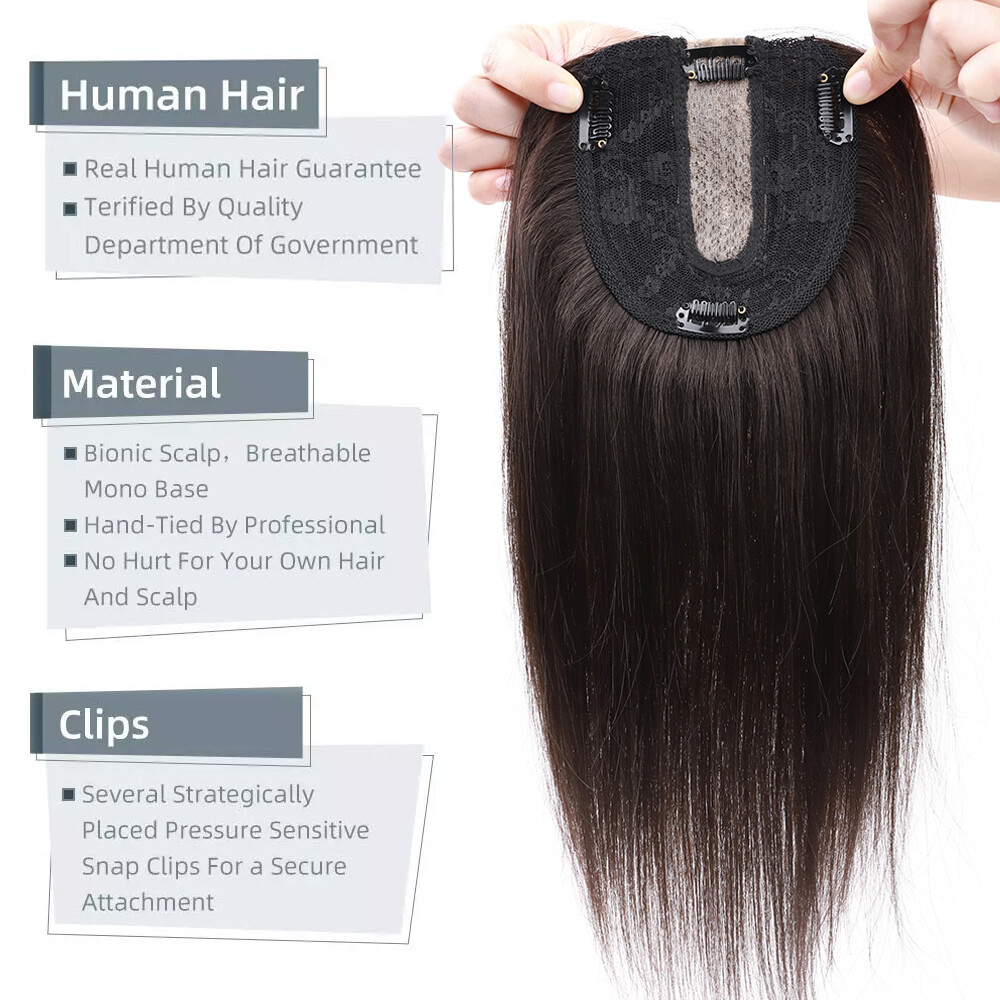 Silk Base 100%Remy Human Hair Topper Top Piece Extensions Women Toupee Clip BANG