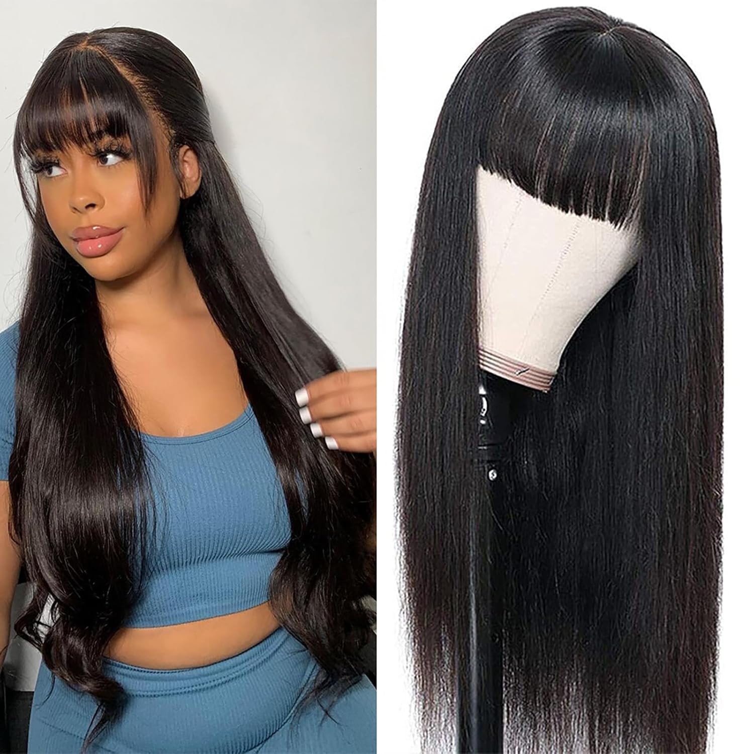Human Hair Wigs with Bangs No Lace Front Wig Brazilian Straight Machine Made Wig