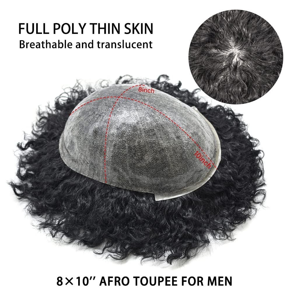 Afro Curl Mens Toupee Full Poly Skin Pu African American Hair System Replacement