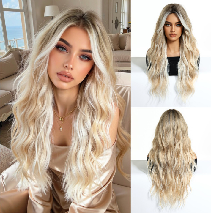 Long Wavy Rooted Blonde Mix Synthetic Hair Wigs Women Soft Natural Daily