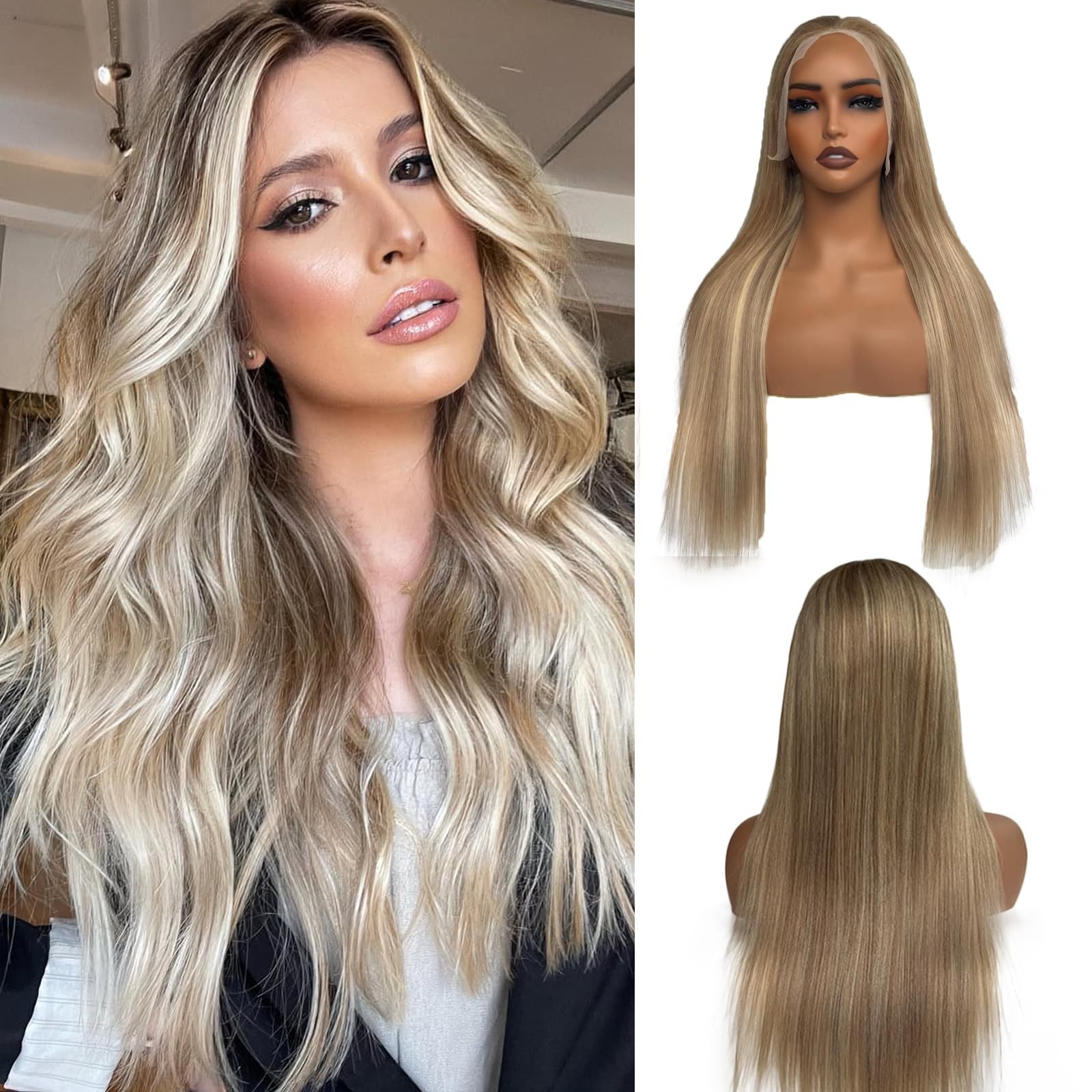 20″ Ombre Lace Front Wig Human Hair, Ash Brown to Blonde, Pre-Plucked, 180% Dens