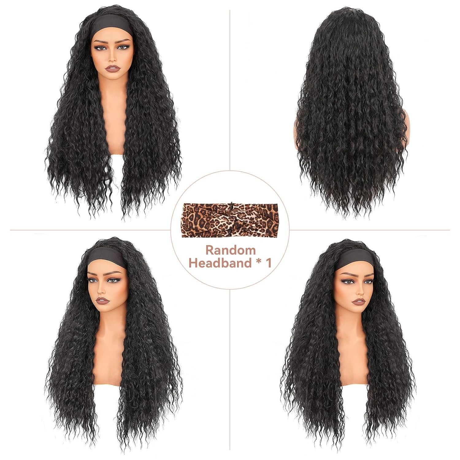 Curly Headband Wig for Women, Long Curly Deep Wave Glueless Wig 26 Inches Long