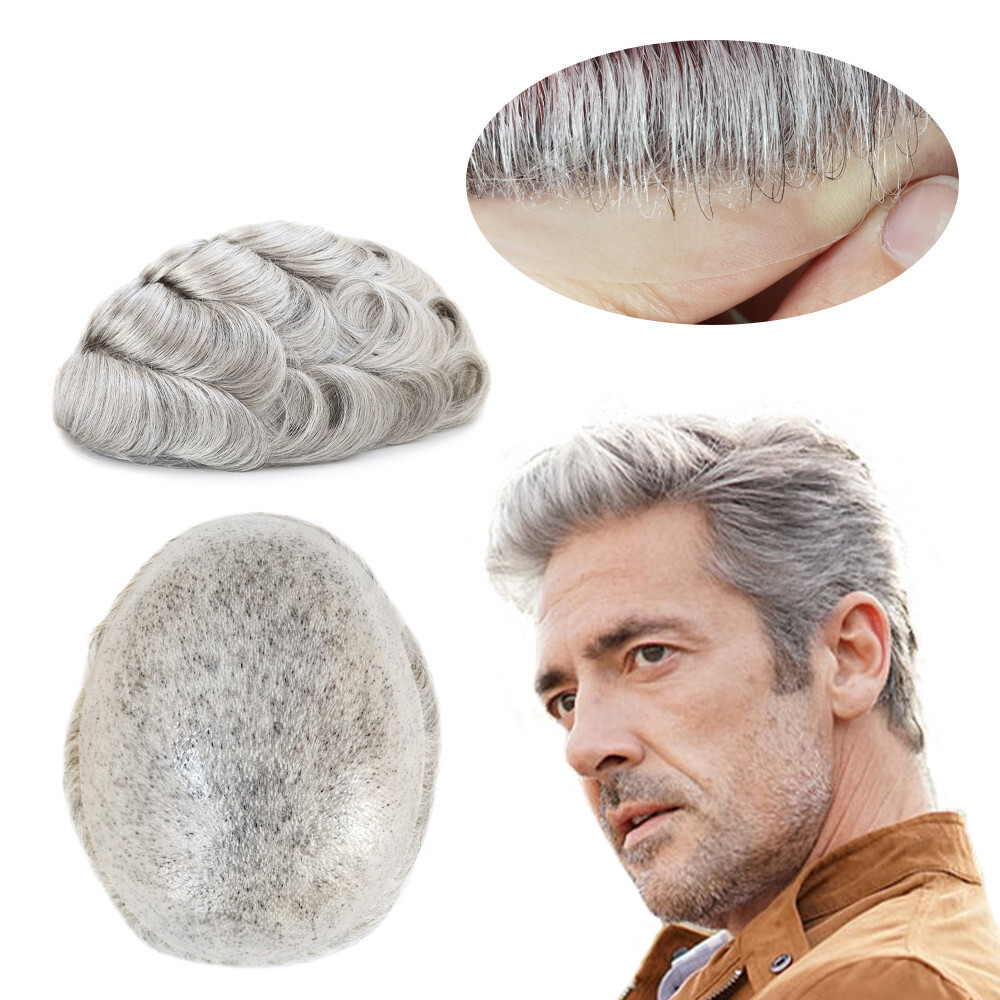 Mens Toupee Thin Skin Hair Replacement System Human Grey Hair BIO 8X10 #1B80