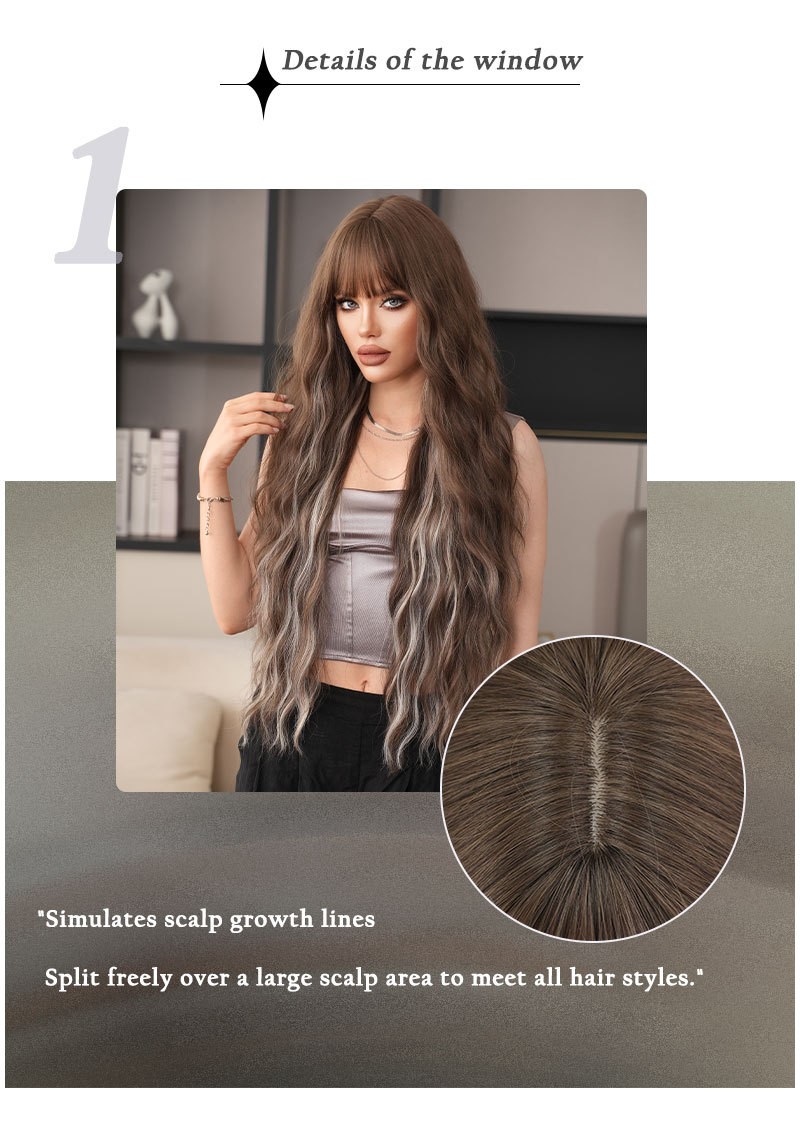 36in Extra Long Highlighted Wavy Wig with Bangs Heat Resistant Synthetic Cosplay