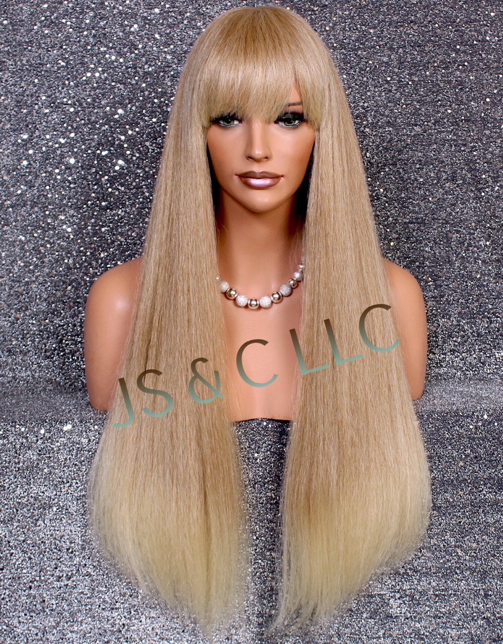 Human hair Blend Full Wig Heat OK Blonde mix straight blunt bangs MG T27/613