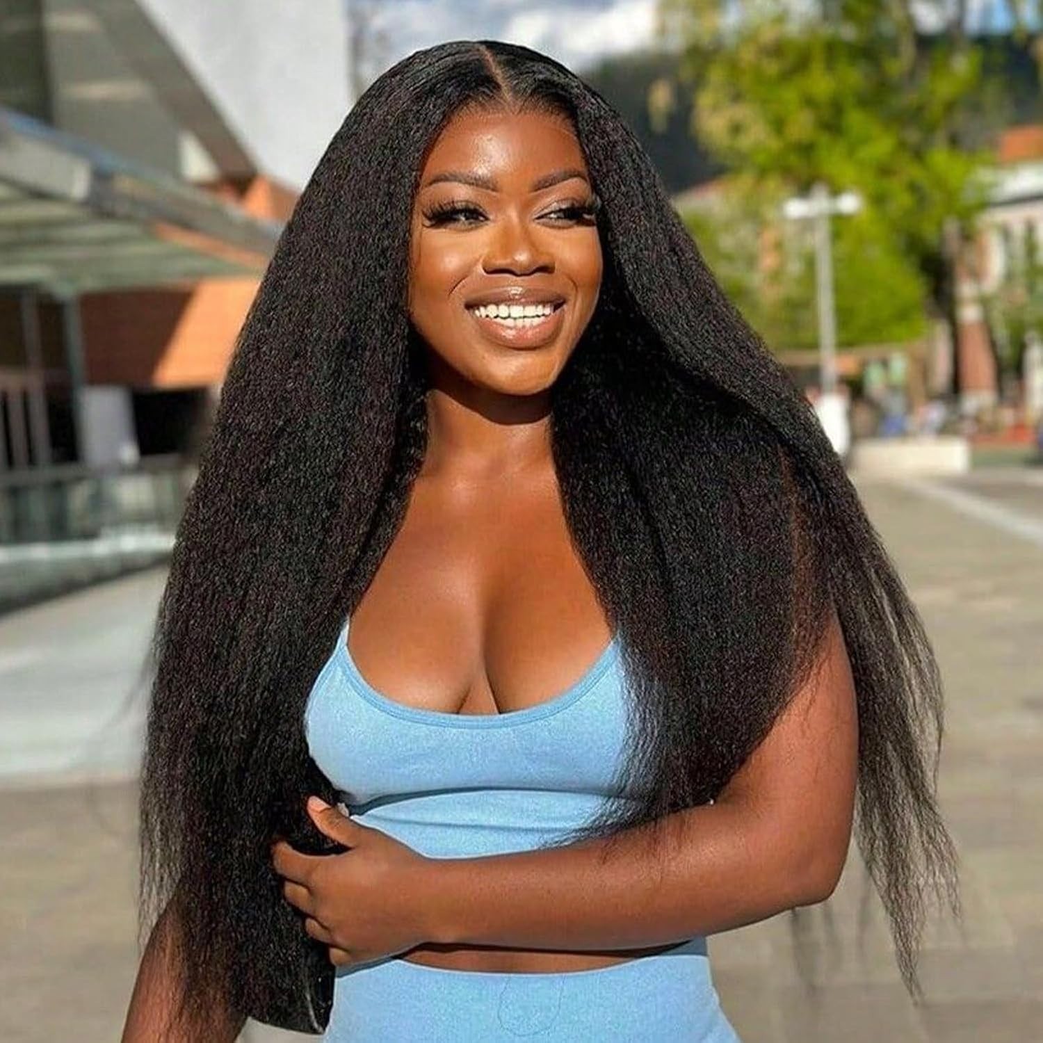 PROSA Kinky Straight 3 in 1 Human Hair Blend Seamless Flip Over Half Wig *20 in
