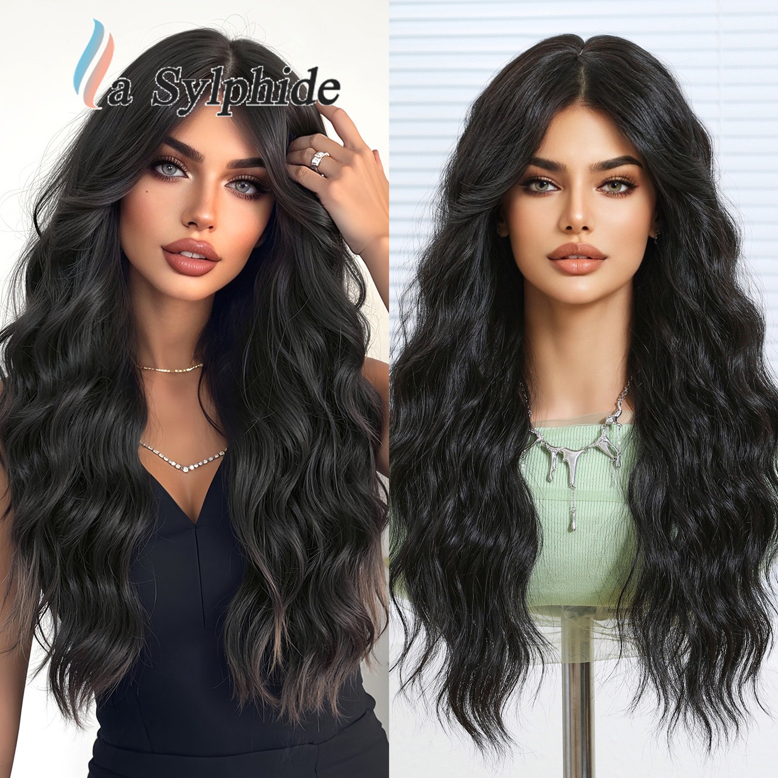 Water Wave Long Curly Full Wig With Bangs Simulated Human Hair For 1/3 1/4 1/6
