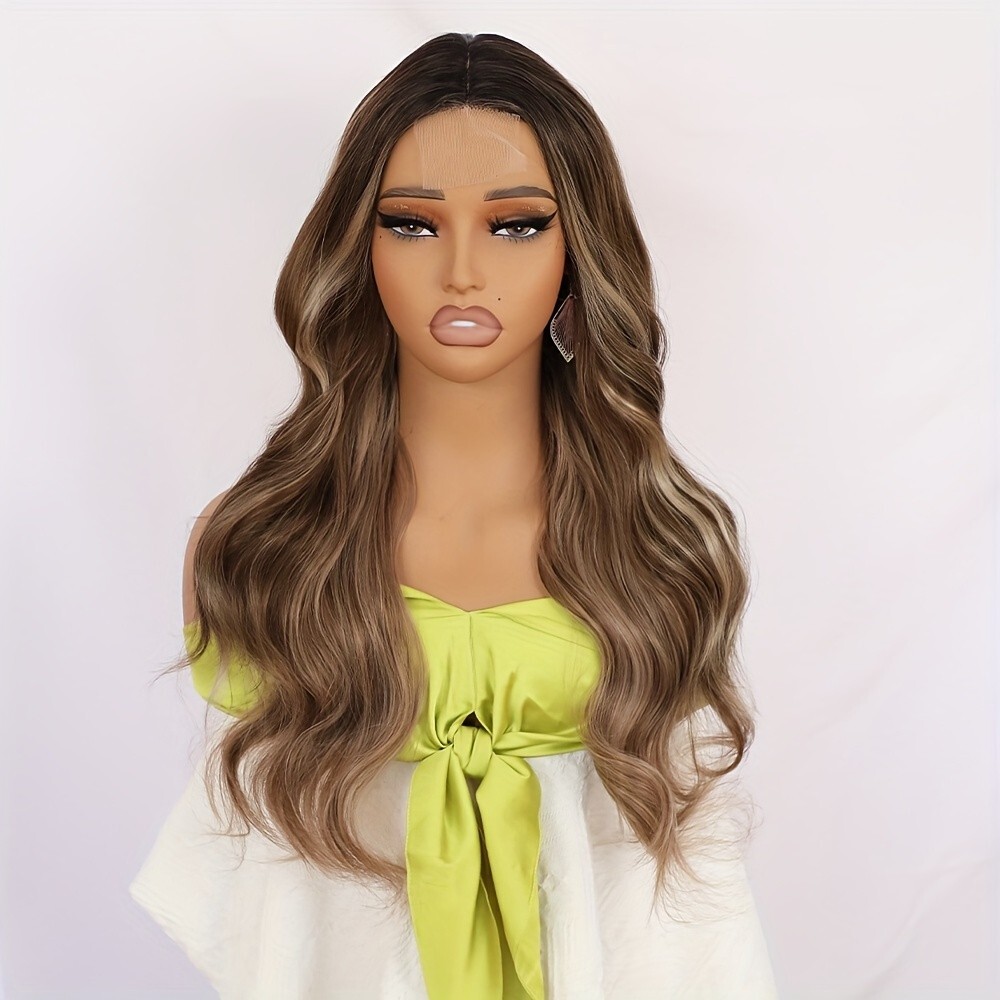 Brown Blonde Ombre Hair Heat Resistant Synthetic No Lace Wigs Full Bangs Women