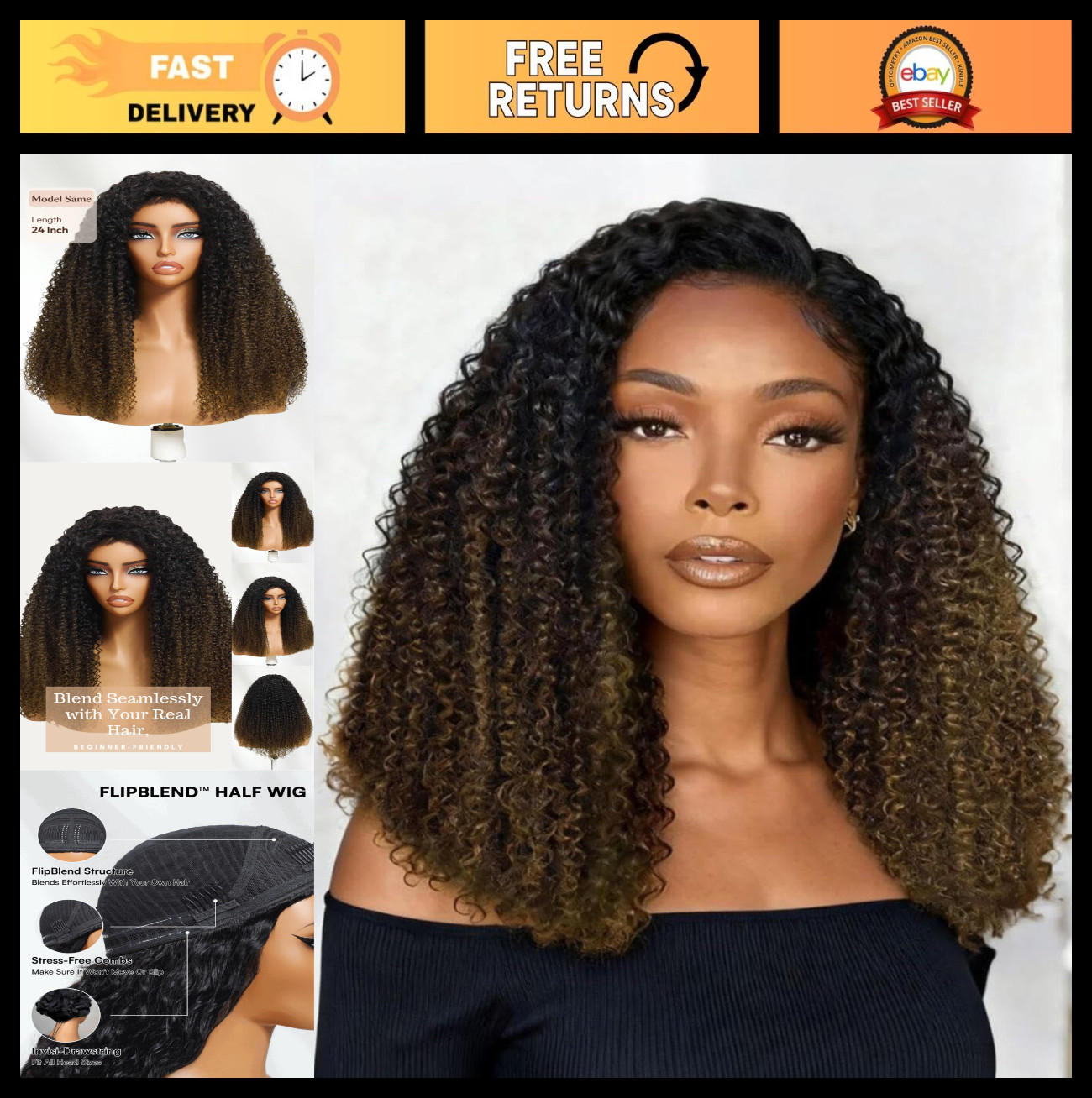 Kinky Curly Half Wig Human Hair 24″ Black to Chestnut Brown, 150% Density, Gluel