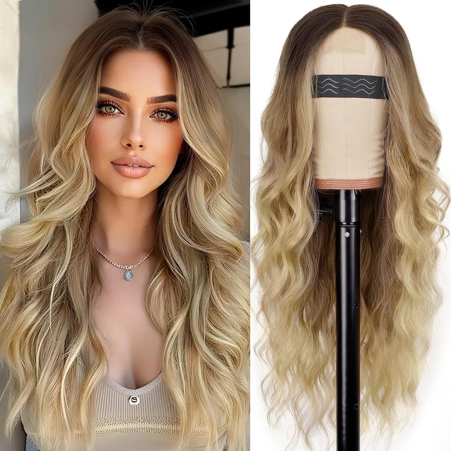 26-Inch Ombre Blonde Wavy Wig – Glueless Lace Hairline for Effortless Elegance