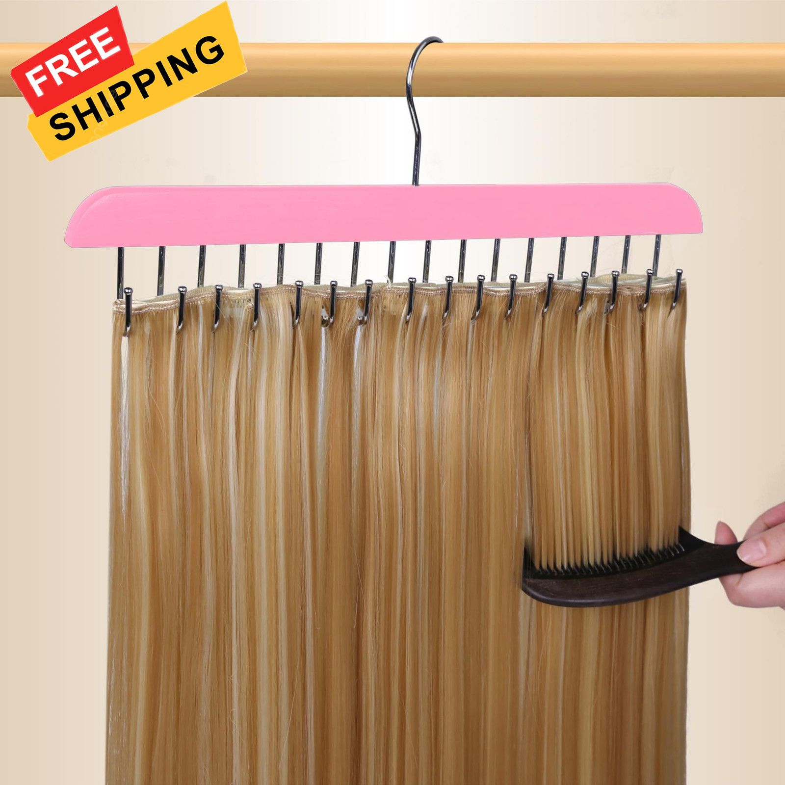 Hair Extension Holder & Hanger for Clip Ins – Weft Organizer 16 Inch, Pink