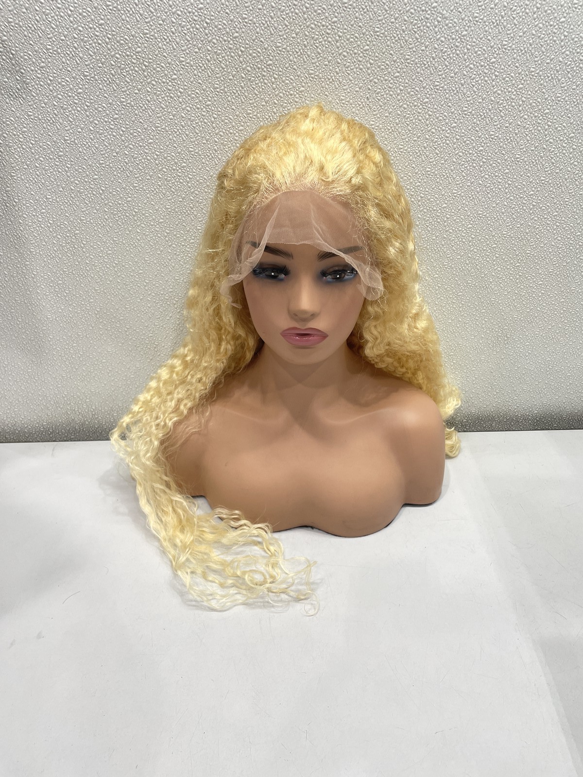 613 Blonde Curly Human Hair Blend 13×6 Lace Front Glueless Wig, 32”