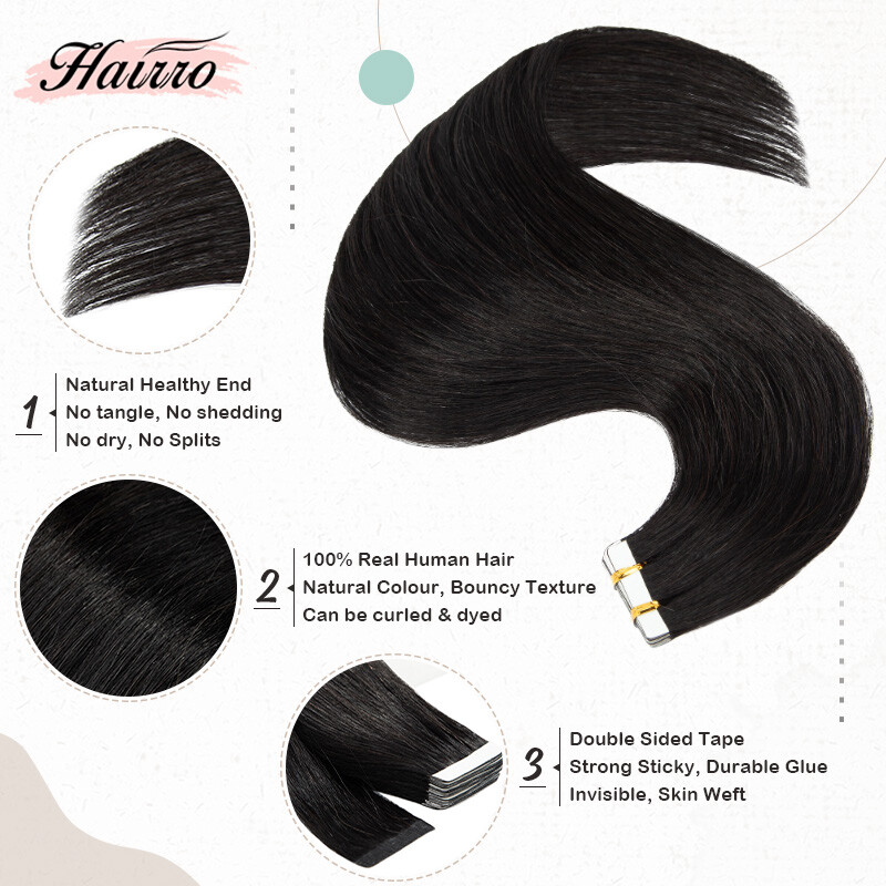 HAIRRO Bouncy Tape In Remy Hair Extensions Real Human Hair Seamless Thick Black