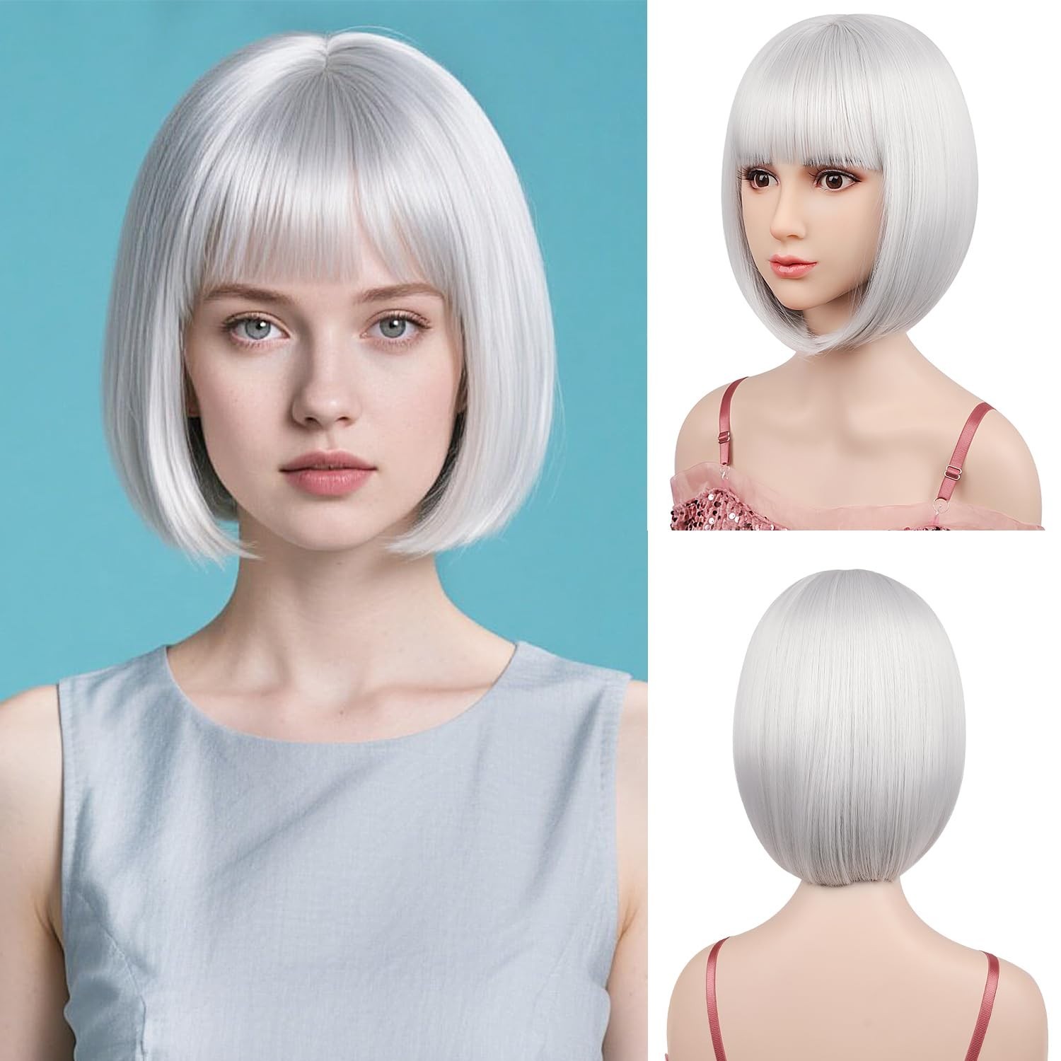 12″ Silver Straight Bob Wig for Women Halloween Party 158E106599