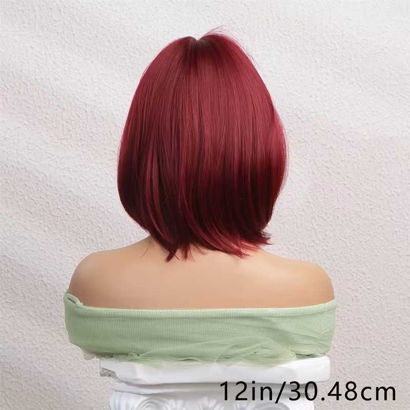 Women Short Bob Wig Burgundy Red with Bangs Straight Synthetic Hair Full Wig 12i