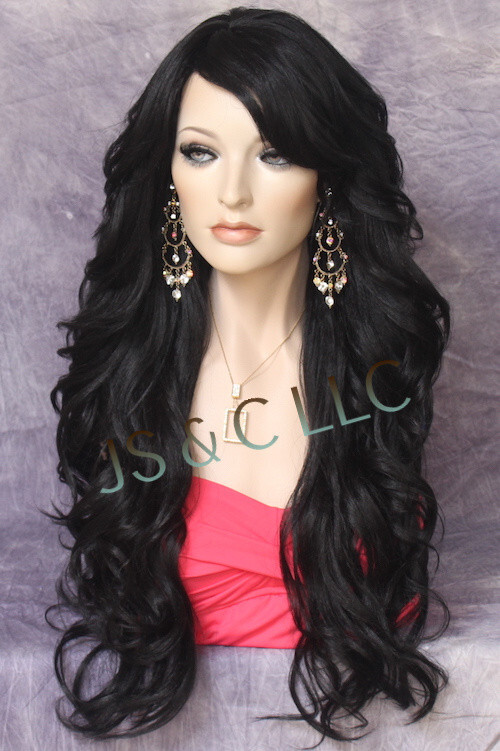 Long Off Black Human hair Blend Full Wig Goregeous wavy Heat OK WBVA 1B