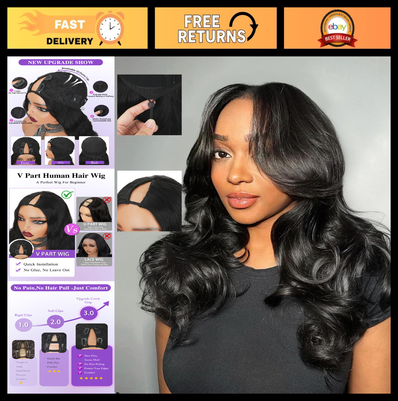 200% Density V Part Wig Human Hair Body Wave Clip-In Half Wig 18 Inch No Glue