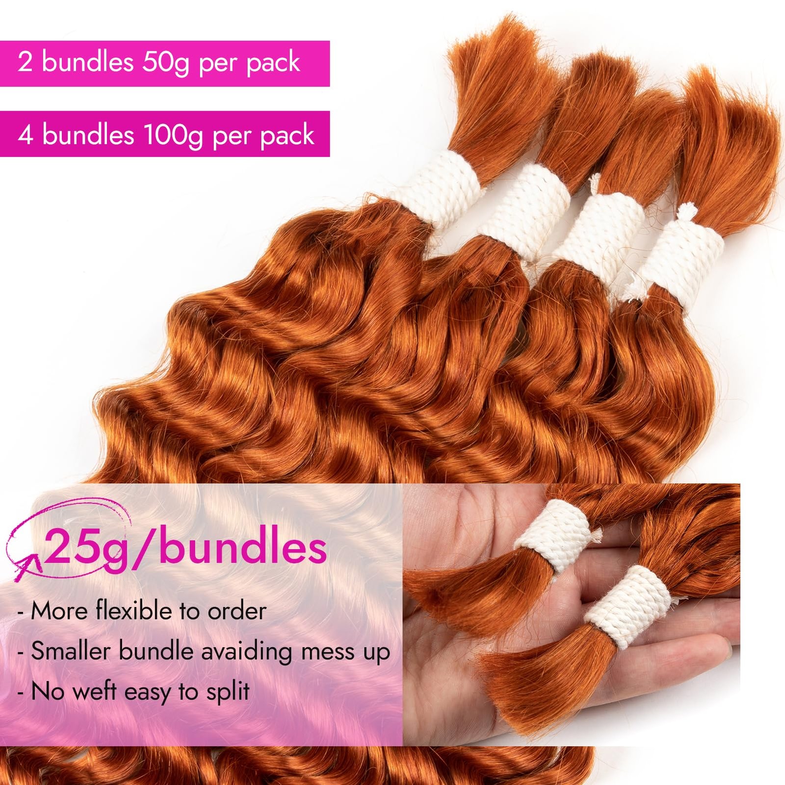 Duzikai 26 Inch Human Braiding Hair Deep Water Wave 4 Bundles/Pack 100G Ginger
