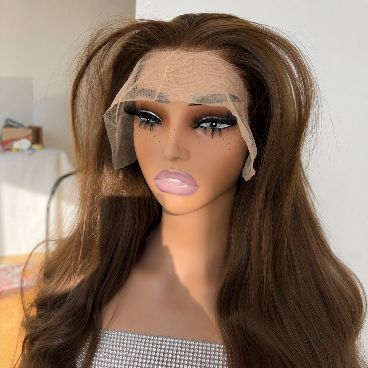 Women Brown Layered Heat Resistant Synthetic Hair Long Wavy Lace Frontal Wig