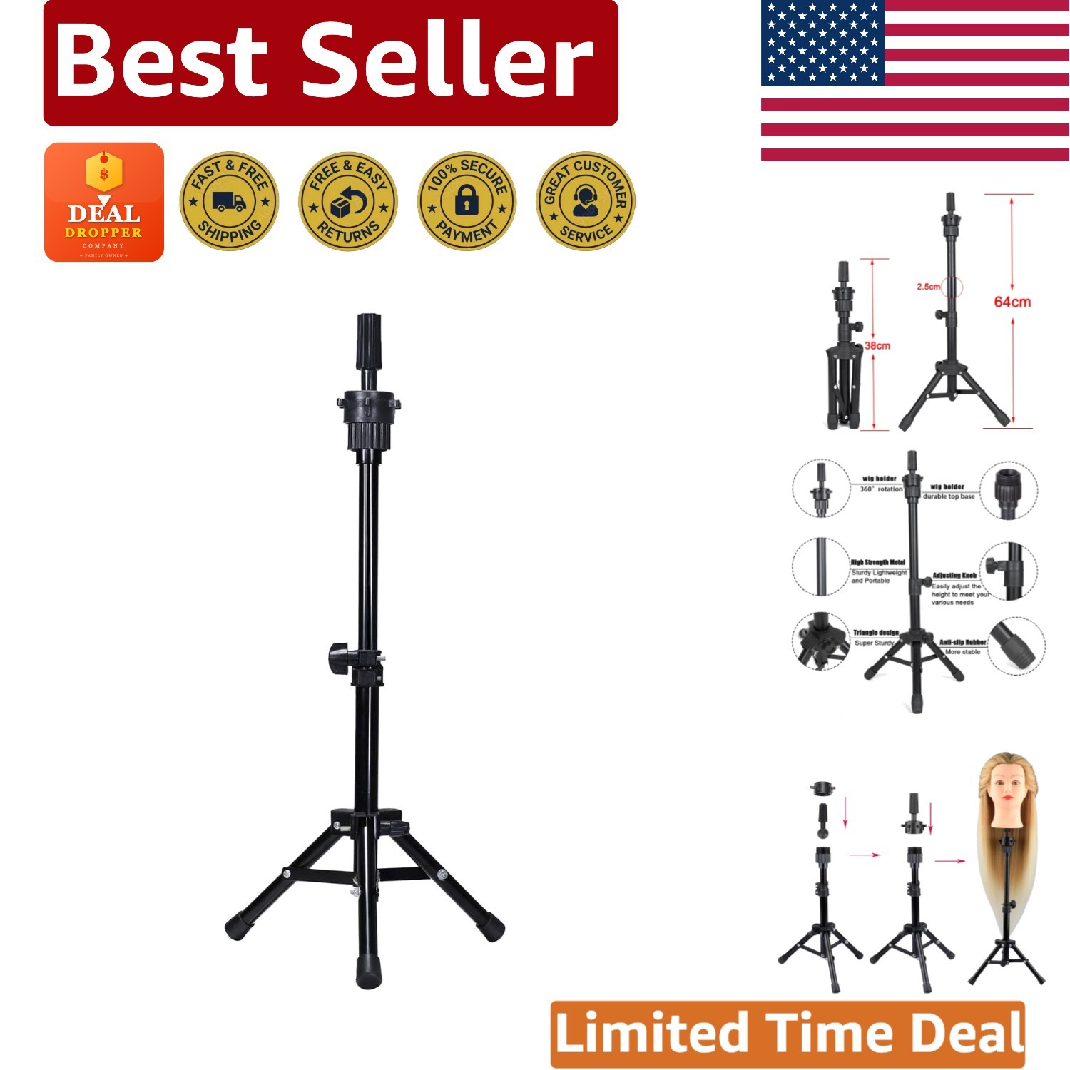 Lightweight 25-Inch Adjustable Wig Head Stand Ideal for Cosmetology Training