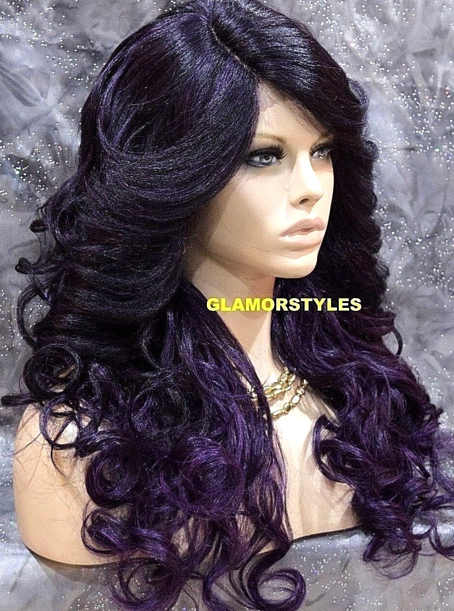 LACE FRONT FULL WIG LONG CURLY LAYERED BLACK PURPLE MIX HEAT OK NWT