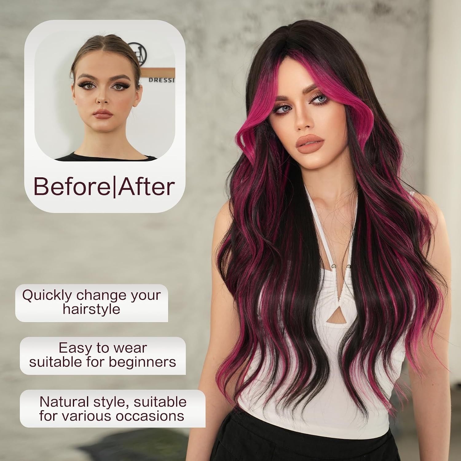 Natural Black Long Wavy Rose Pink Highlight Wigs with Curtain Bangs Natural Part