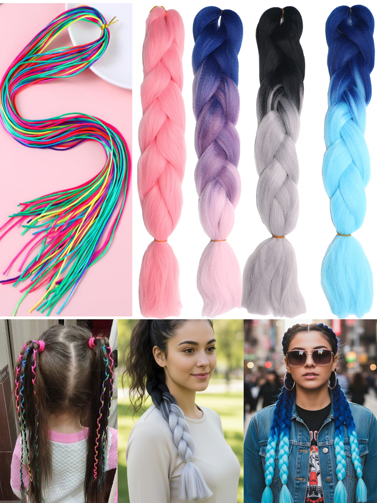4Pcs 24″ Jumbo Braiding Hair Extensions Braids+24Pcs Multi-color Hair Rope Set