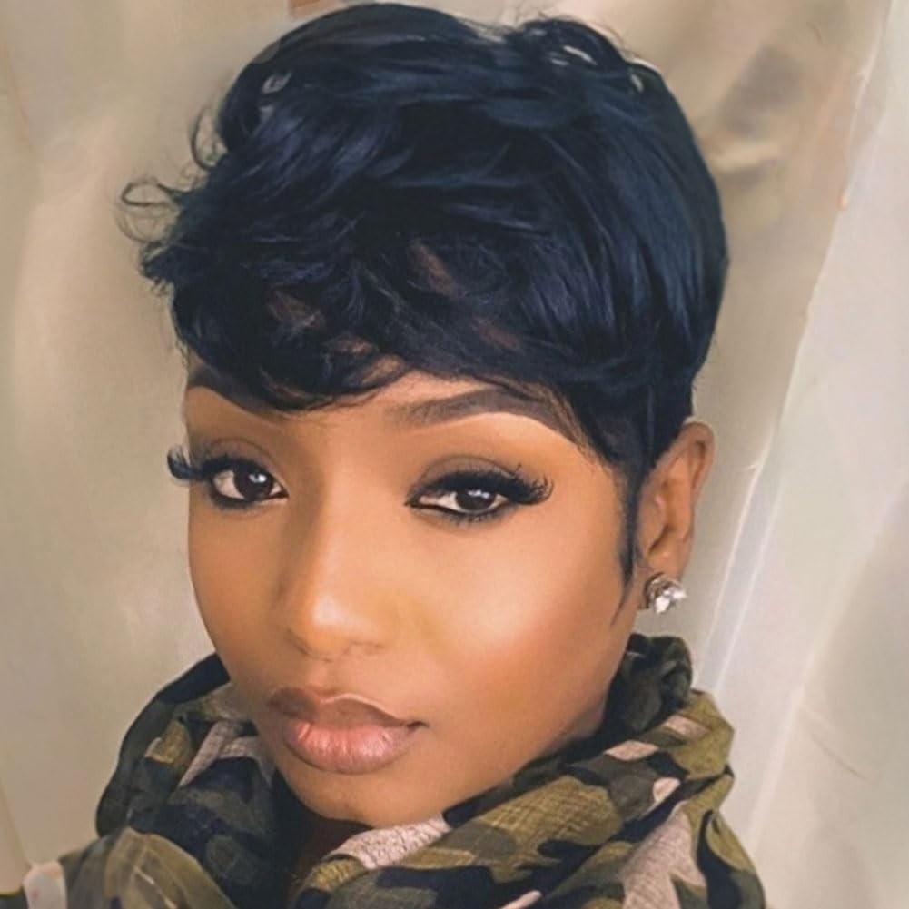 Human Hair Wigs Black Short Curly Pixie Cut with Bangs for Women