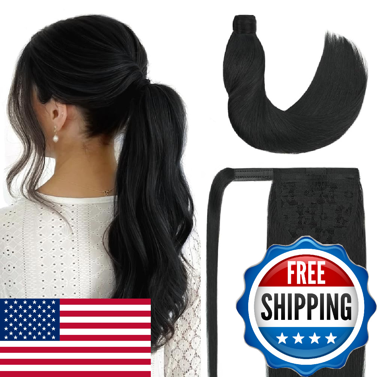 Amygirl Ponytail Extension Human Hair 14 Inch Natural Black Silky Straight Clip