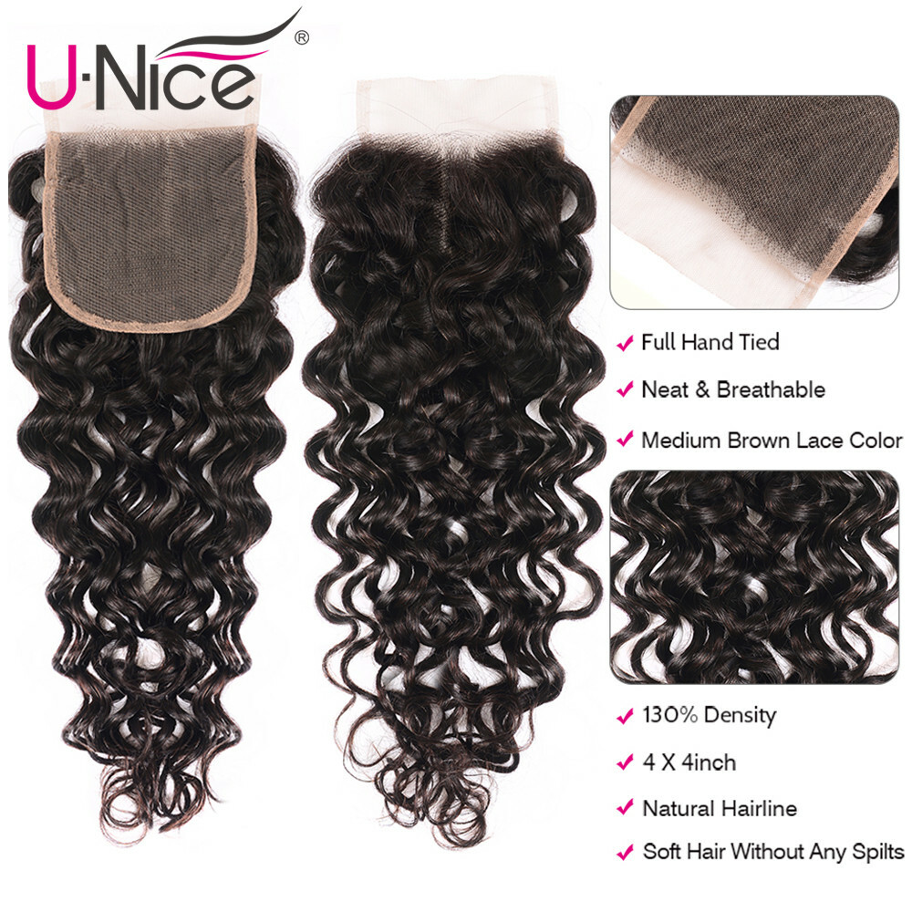 UNice Indian Water Wave 2 Bundles Human Hair Extensions with Lace Closure Weaves